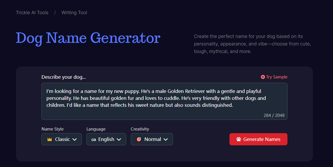 Trickle Dog Name Generator - Dog Name Generator by Describing Your Dog