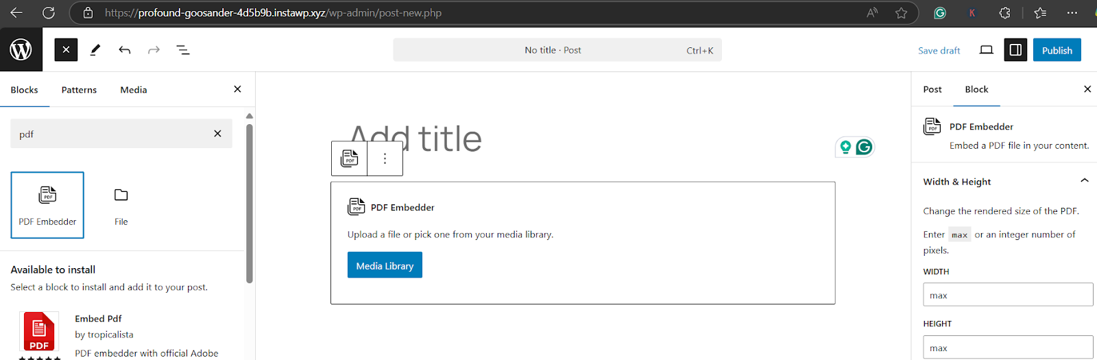 Upload your PDF and select Insert into post