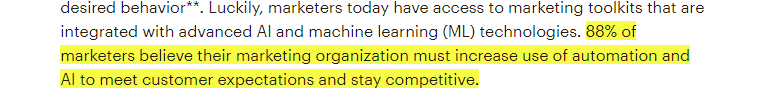 Screenshot illustrating 88% of marketers believe in AI to stay competitive