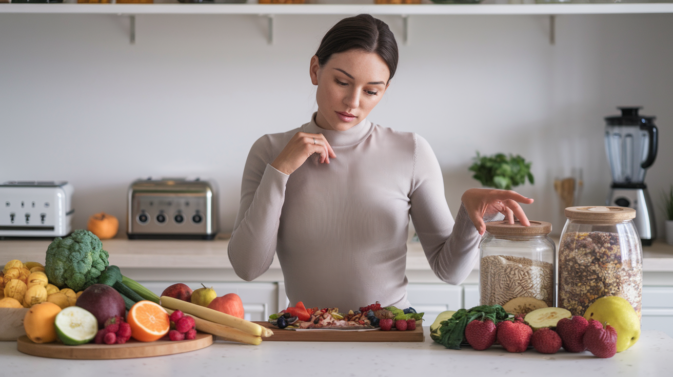 Create a photo realistic image of a licensed nutritional expert with neutral features, dressed in casual but tidy attire, standing thoughtfully in a modern kitchen filled with fresh fruits, vegetables, and jars containing healthy seeds and grains. As they examine comparisons between a vibrant-looking meal and a dull, processed food option, emphasize the contemplation of diet outcomes on enhanced skin radiance. The individual demonstrates a calm but pensive expression reflecting their deep understanding of diet impacts on complexion. Do not add any text elements.