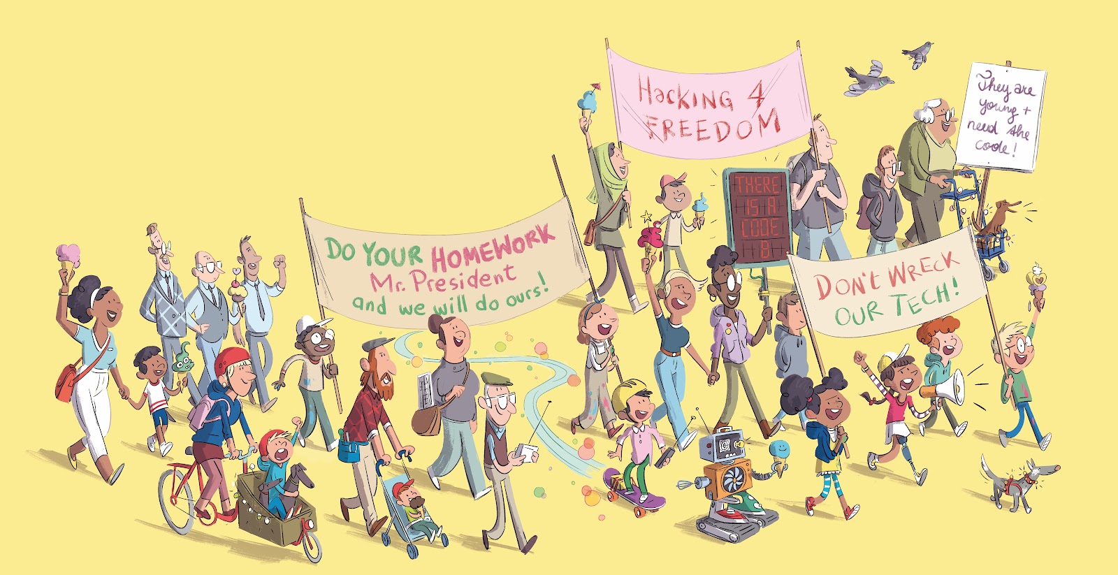 Illustration from  the story 'Ada & Zangemann' showing Ada & Zangemann characters protesting with placards. The illustration has a yellow background.