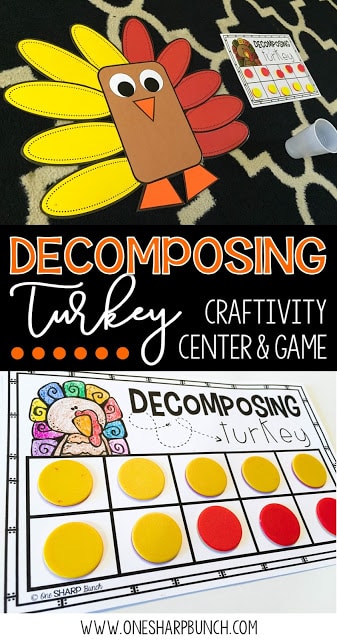 Build number sense with these interactive and thematic Decomposing Turkey activities! Gather the correct number of red and yellow feathers and place them around the turkey craft. Don’t forget to sing the fun chant!