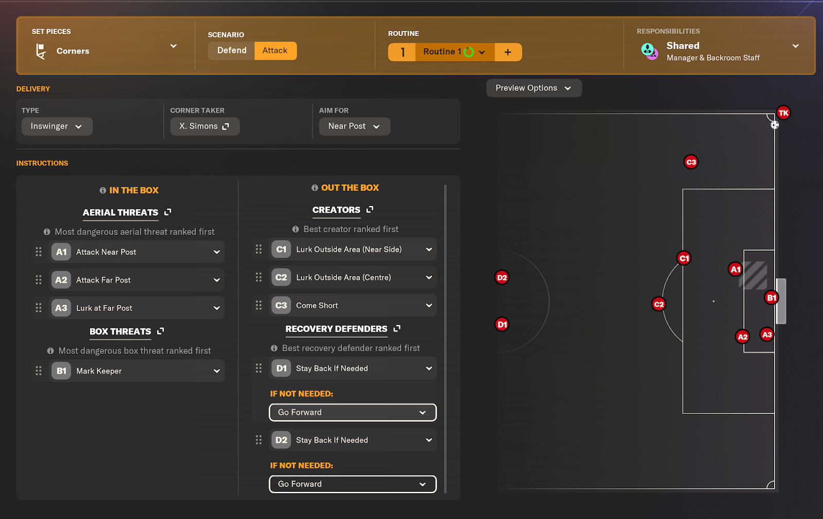 FM24 corner tactic: tactic menu.