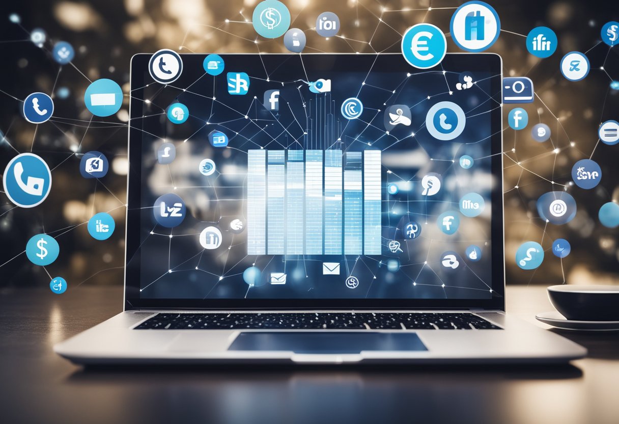 A laptop surrounded by social media icons, charts, and graphs, with a dollar sign overlay
