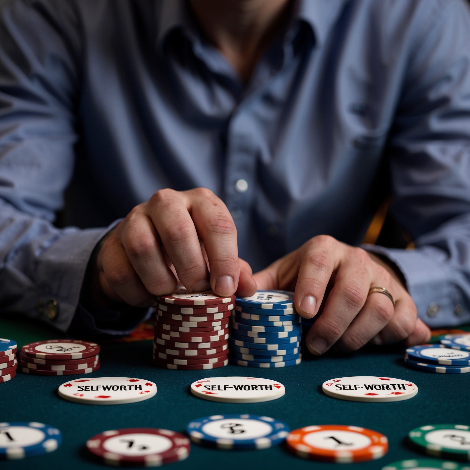 A poker table where a man is pushing all his chips labeled "Self-Worth" forward, no longer willing to negotiate – Confidence in owning his value.