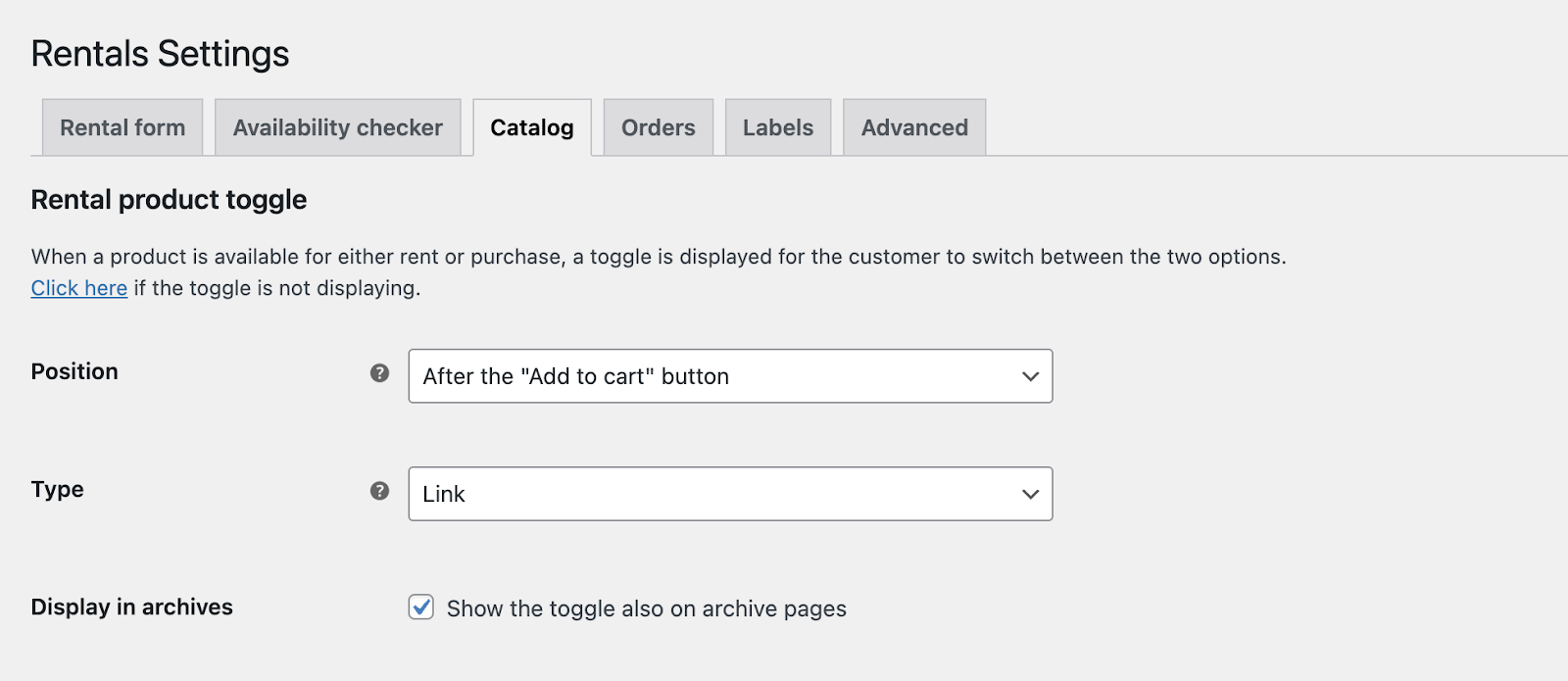 Configuring settings for rental or purchase toggle for Rental Products
