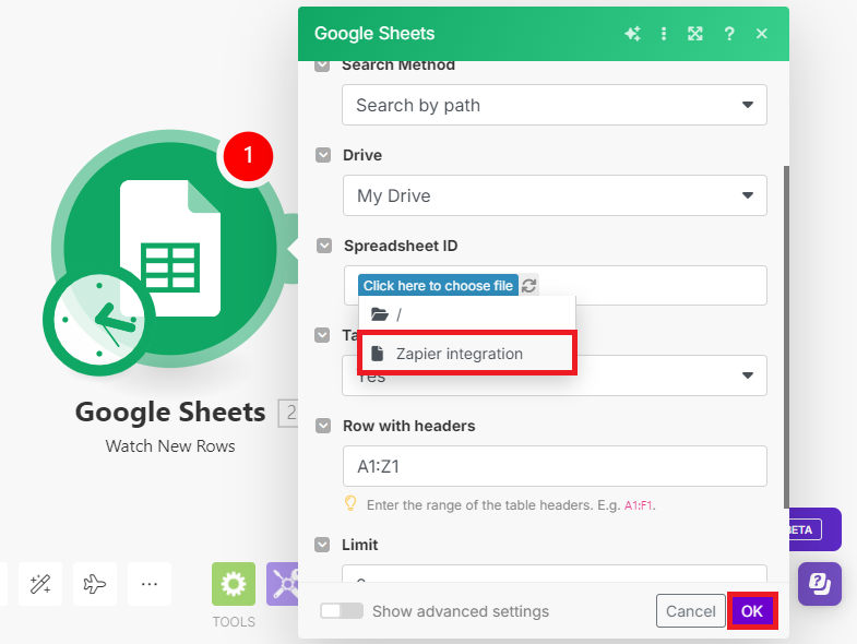 Setting Google Sheets on Trigger module