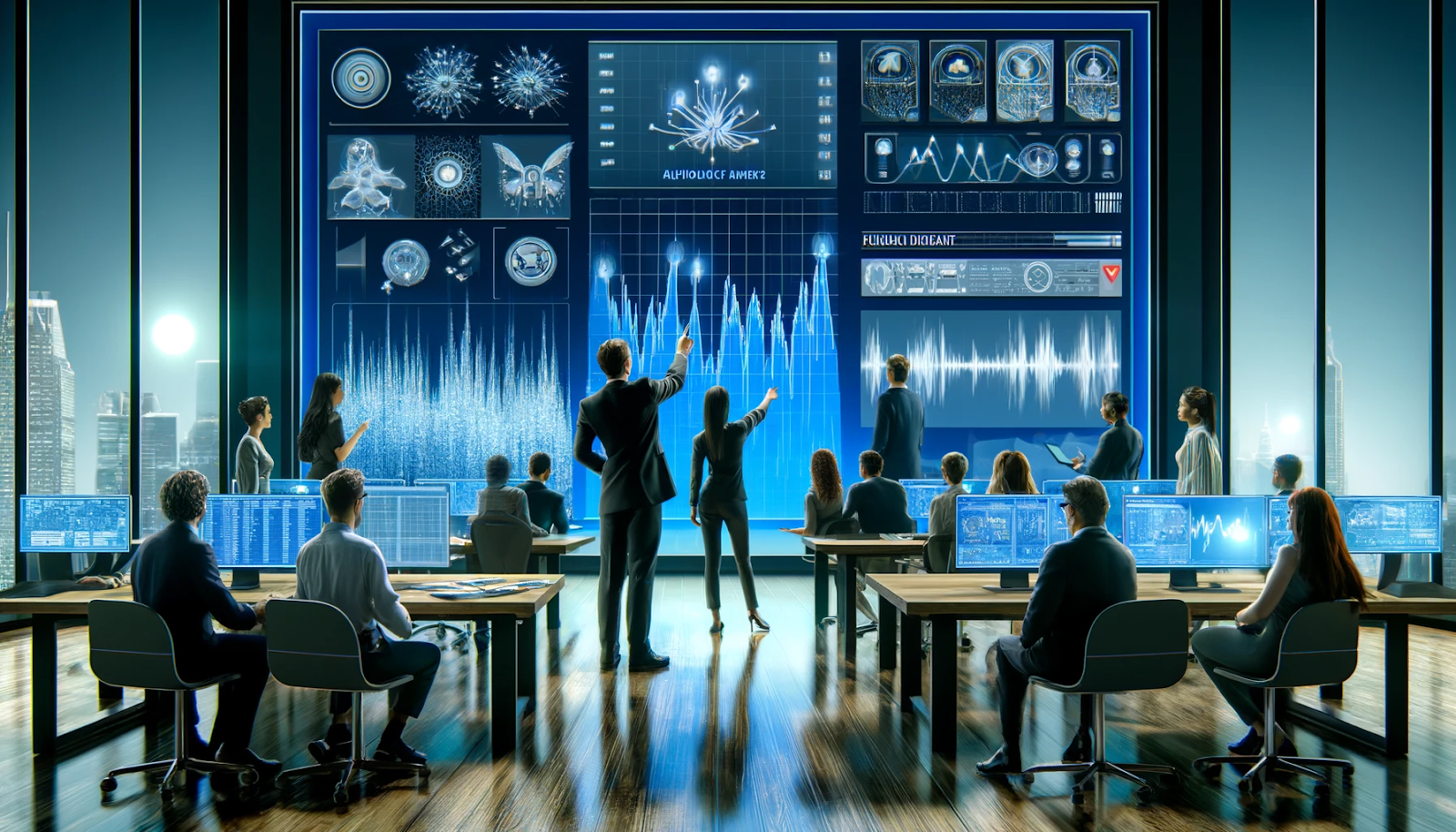A futuristic business office setting where a group of diverse professionals, both men and women, observe a large digital screen displaying complex data patterns and anomaly alerts. The screen shows a graph with spikes indicating unusual activity. One person is pointing to a specific anomaly, while another is taking notes. The atmosphere is tense yet focused, showcasing AI's role in real-time anomaly detection in fraud prevention.