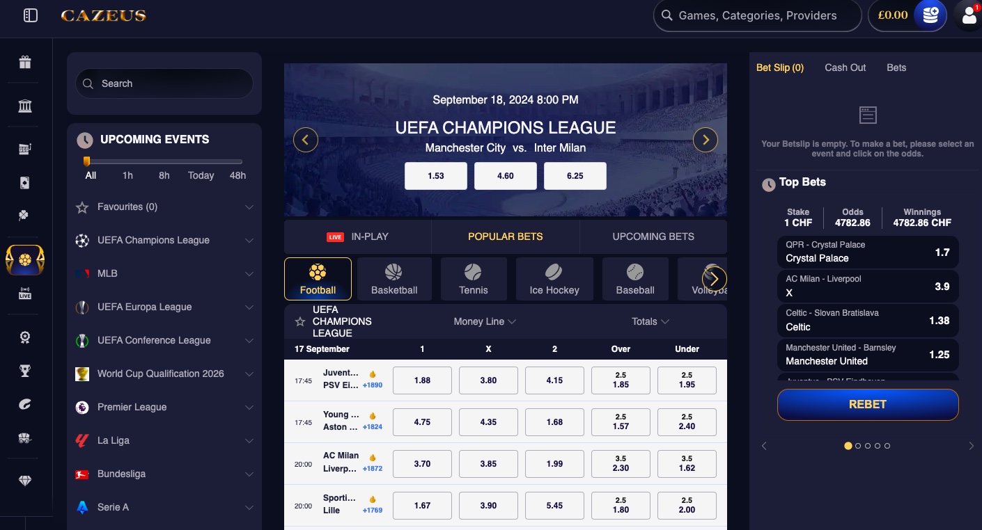 Cazeus casino sports betting options