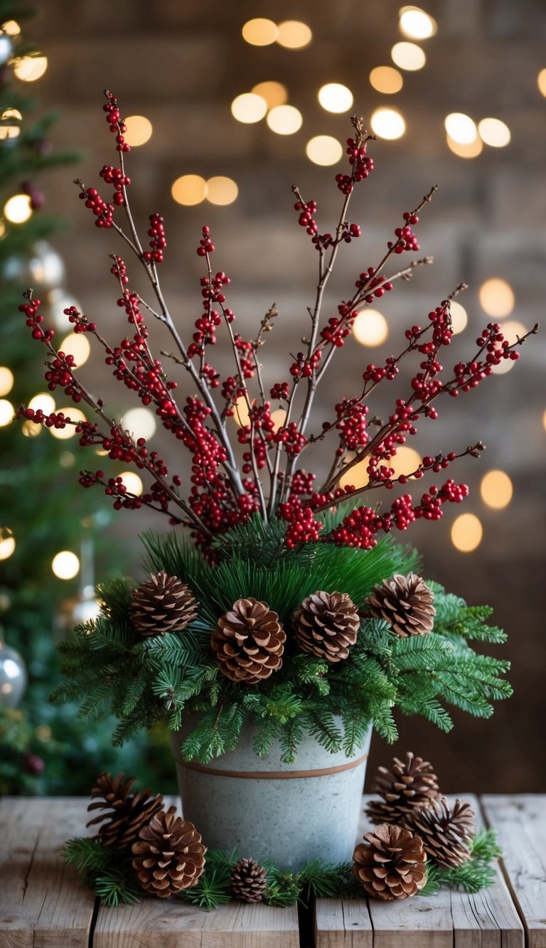 A winterberry branch arrangement nestled in a rustic planter, surrounded by pinecones and evergreen foliage