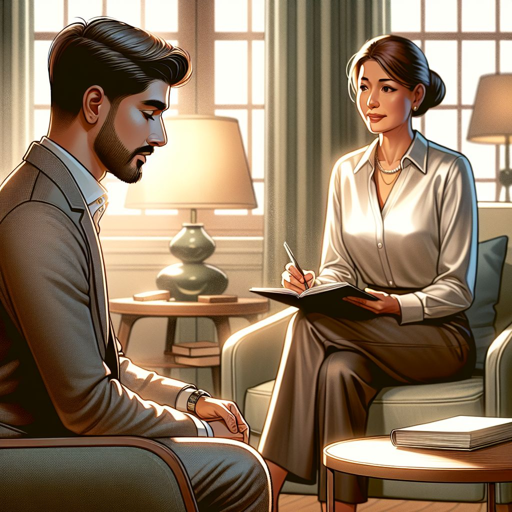 An illustration of a person in a therapy session, sitting across from a therapist holding a notebook.