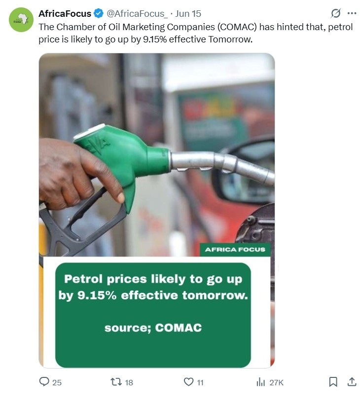 FACT-CHECK: Did COMAC project a 9.15% increase in petrol prices on June 16, 2025?