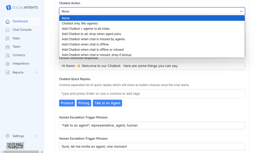 Customize your human escalation trigger phrases in Social Intents