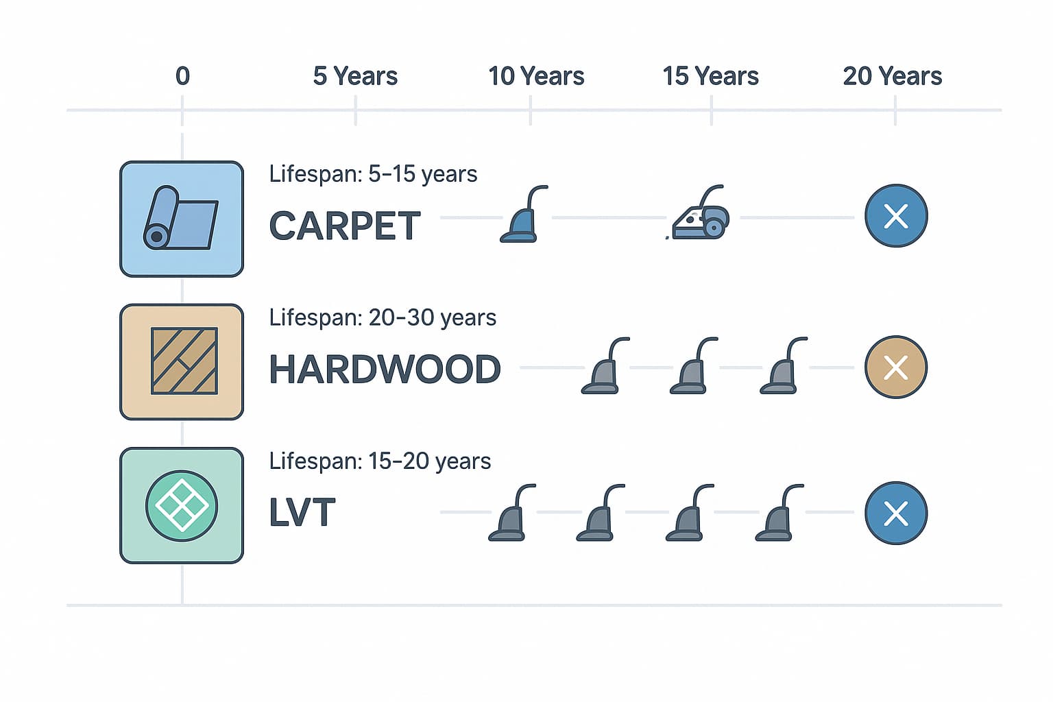 Flooring replacement cycles timeline showing hardwood flooring, carpet, and vinyl maintenance schedules for flooring contractor planning.