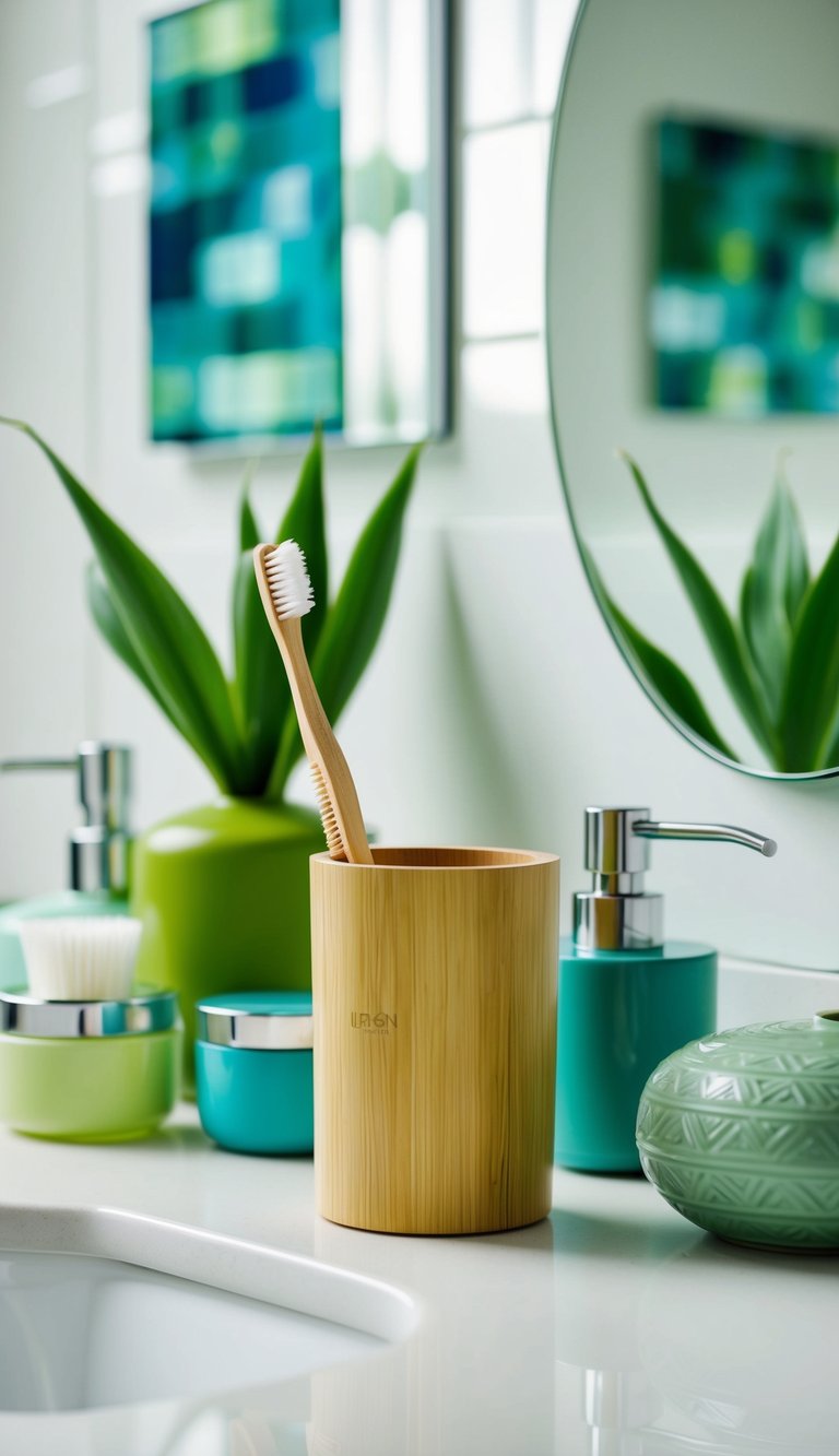 A bamboo toothbrush holder sits on a sleek countertop surrounded by various shades of green bathroom decor