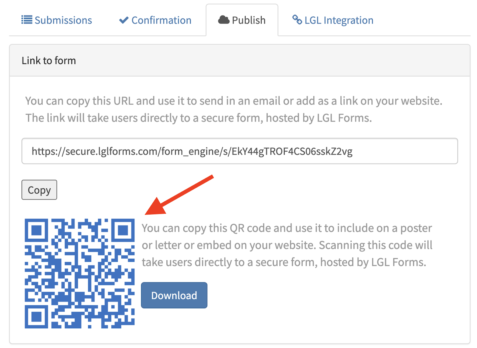 LGL Forms publish options including a QR code