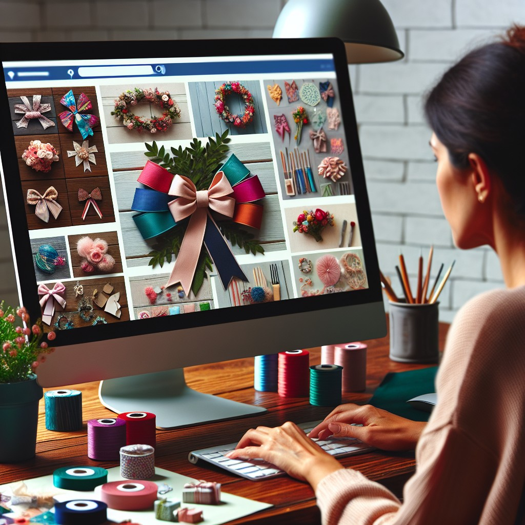 woman browsing colorful ribbon crafts on computer screen