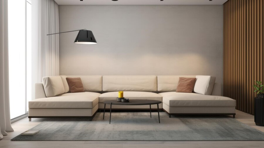 minimalist interior design- low, neutral sofa