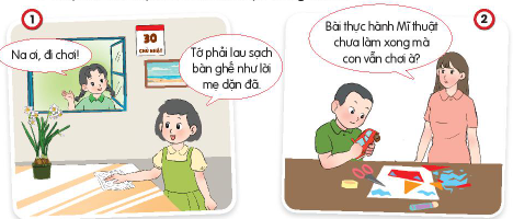 BÀI 4. TÍCH CỰC HOÀN THÀNH NHIỆM VỤ Ở NHÀKHỞI ĐỘNGCâu hỏi: Quan sát tranh và trả lời câu hỏi:Nêu những nhiệm vụ ở nhà mà Tin đã hoàn thành?Khi hoàn thành tốt nhiệm vụ ở nhà, cảm xúc của em như thế nào?Giải nhanh:Vứt rác, gấp quần áo, cho chó ăn.Khi hoàn thành tốt nhiệm vụ ở nhà, em cảm thấy rất vui và tự hào KIẾN TẠO TRI THỨC MỚICâu 1: Quan sát tranh và cho biết bạn nào tích cực hoàn thành nhiệm vụ ở nhà?Kể thêm các biểu hiện của việc tích cực hoàn thành nhiệm vụ ở nhà?Giải nhanh:Các bạn trong tranh 1,3 và 4 rất tích cực hoàn thành nhiệm vụ ở nhàBiểu hiện khác của việc tích cực hoàn thành nhiệm vụ ở nhà:Không ganh tị với anh/chị/em Hoàn thành sớm nhiệm vụ được giao và chủ động giúp đỡ anh/chị em Không nghỉ ngơi hoặc ngồi chơi trước khi hoàn thành những công việc được giao.Câu 2: Quan sát tình huống và trả lời câu hỏi:Tình huống 1: Hình ảnh nào cho thấy Na hoàn thành nhiệm vụ đúng kế hoạch? Vì sao?Tình huống 2: Hình ảnh nào thể hiện Bin hoàn thành nhiệm vụ có chất lượng? Vì sao?Giải nhanh:Tình huống 1. Hình ảnh a cho thấy Na hoàn thành nhiệm vụ đúng kế hoạch Tình huống 2. Hình ảnh a thể hiện Bin hoàn thành nhiệm vụ có chất lượng Câu 3: Kể chuyện theo tranh và trả lời câu hỏi:Việc Tin tích cực tưới rau mang lại điều gì?Vì sao em cần tích cực hoàn thành nhiệm vụ ở nhà?Giải nhanh:Việc Tin tích cực tưới rau khiến vườn rau trở nên xanh tốt, ông của Tin cũng khoẻ và vui vẻ hơn nhiều.Em cần tích cực hoàn thành nhiệm vụ ở nhà để giúp bố mẹ, người thân có thêm thời gian nghỉ ngơi sau một ngày làm việc vất vả.LUYỆN TẬPCâu 1: Nhận xét về việc làm của các bạn trong tranh?Giải nhanh:Tranh 1: Hành động của bạn Na rất đáng khenTranh 2: Hành động của bạn nam là không tốt, cần phải phê bình Câu 2: Em sẽ khuyên bạn điều gì trong các tình huống sau? Vì sao?Giải nhanh:Tình huống 1: Em sẽ khuyên Bin nên gấp chăn trước khi đi đá bóng với các bạn. Tình huống 2: Em sẽ khuyên Cốm nên tập trung trông emTình huống 3: Em sẽ khuyên Tin nên đi vứt VẬN DỤNG