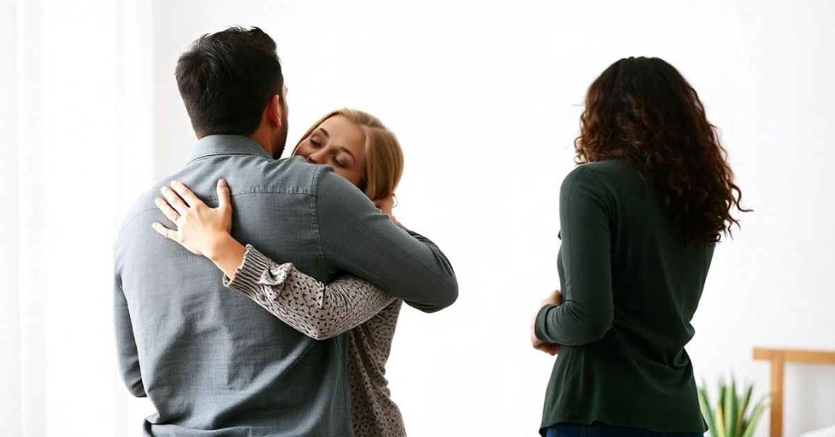 A man and woman embrace in a room, symbolizing support in addressing how to prevent or change a cheating dream.