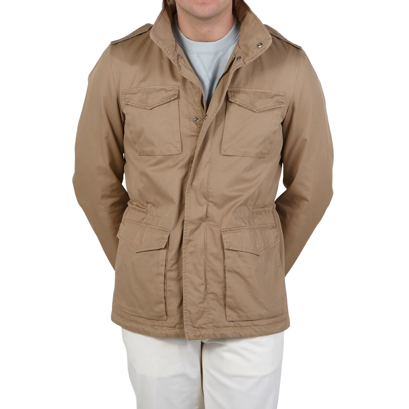 A field jacket in khaki color especially designed for men to wear in winter season.