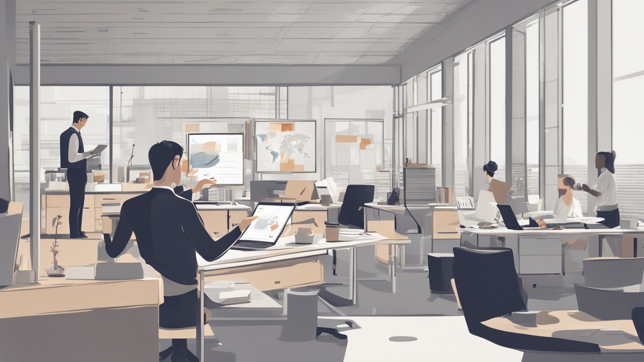 A person is analyzing data on a tablet while sitting in a modern office.