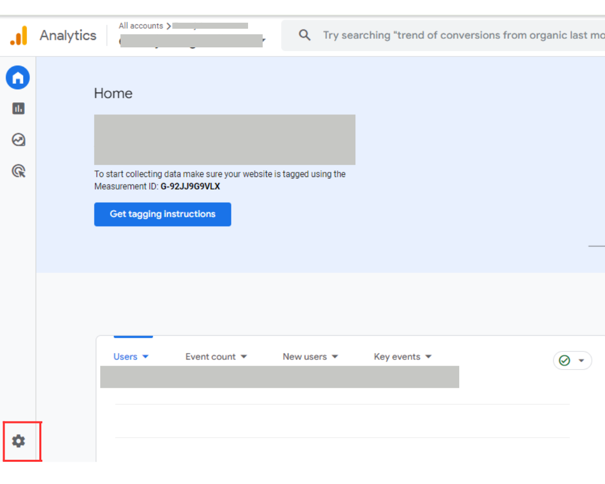 Enabling enhanced Measurement in GA4: Start by clicking Admin settings