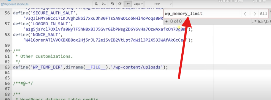 Selecting the  phrase WP_MEMORY_LIMIT