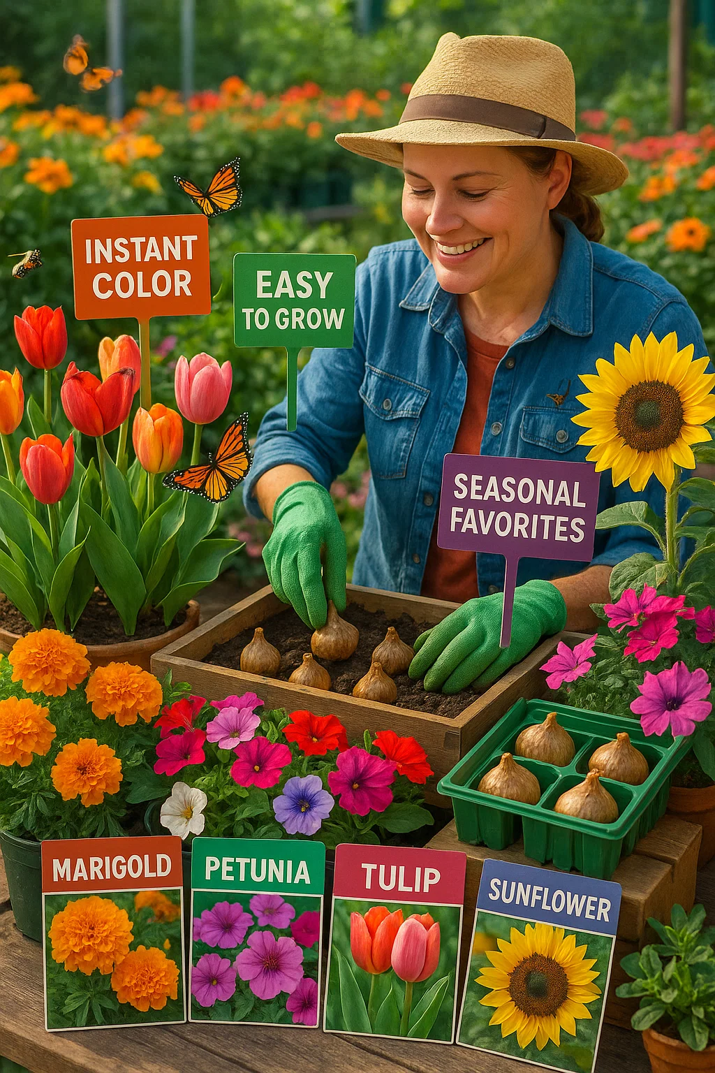 A colorful, inviting garden center display or planting area filled with vibrant flowering plants, seed packets, and bulb trays. Show an assortment of blooming flowers like tulips, marigolds, petunias, and sunflowers alongside labeled seed packets and bulbs ready for planting. A cheerful gardener is seen placing bulbs into freshly prepared soil, while butterflies and bees flutter nearby. Add tags or floating labels that read “Instant Color,” “Easy to Grow,” and “Seasonal Favorites.” The scene should be bright, lively, and bursting with garden beauty, capturing the excitement of starting or refreshing a garden. 