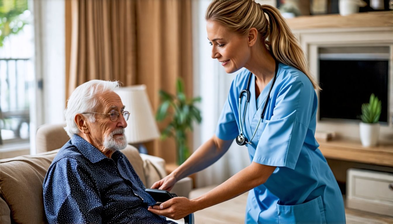 Elderly woman receives assistance from home health aide in her home.
