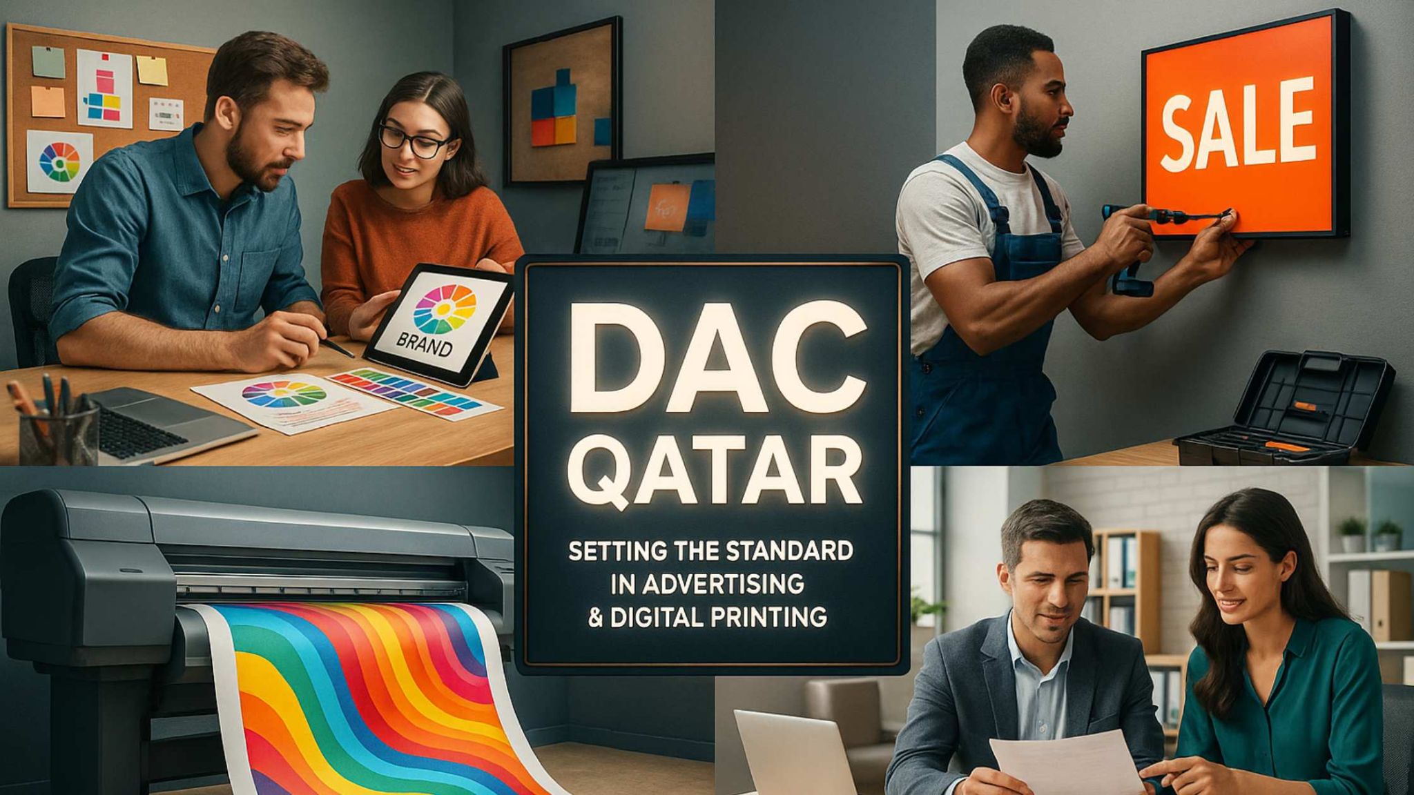 Creative and Technical Excellence with DAC Qatar – Setting the Standard in Advertising and Digital Printing Collage showcasing branding, sign installation, digital printing, and client consultation – DAC Qatar Advertising and Digital Signage Services