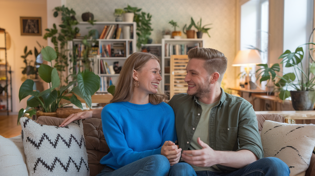 Create a realistic image of a smiling white female and white male couple sitting on a couch, engaging in conversation with positive body language, surrounded by a warm, well-lit living room with plants and books, suggesting a supportive and healthy relationship environment.