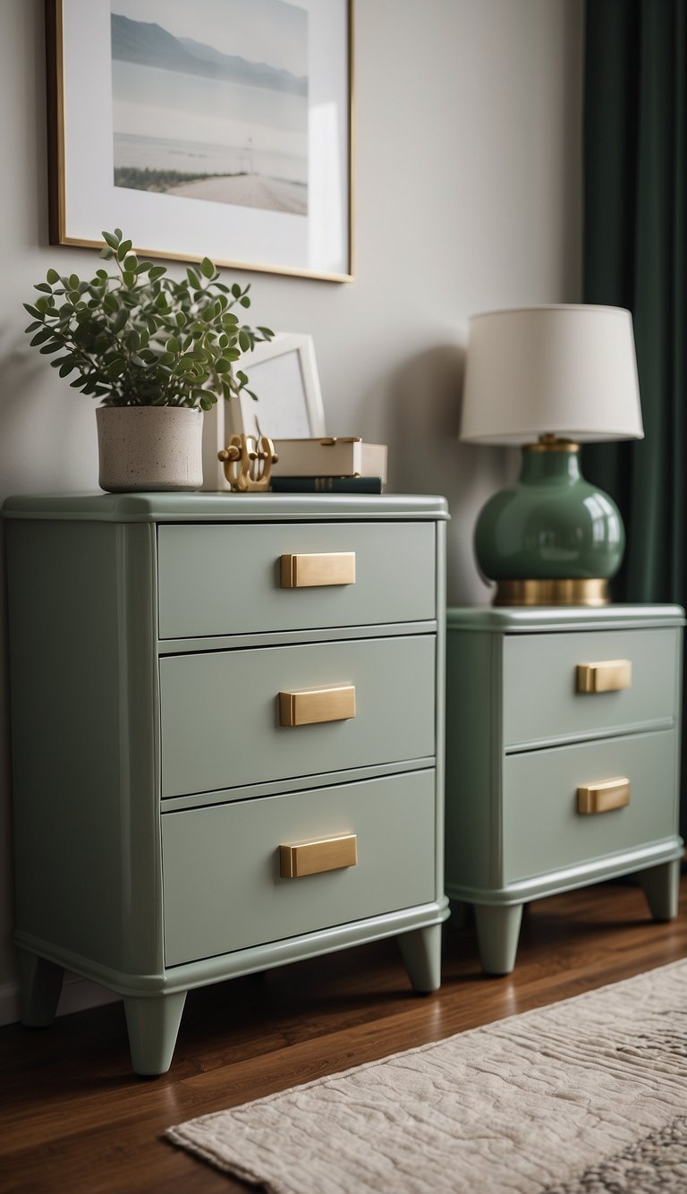 Two sage green nightstands with brass hardware in a serene bedroom setting