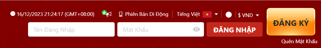 Nút đăng nhập màu đỏ bên góc phải màn hình