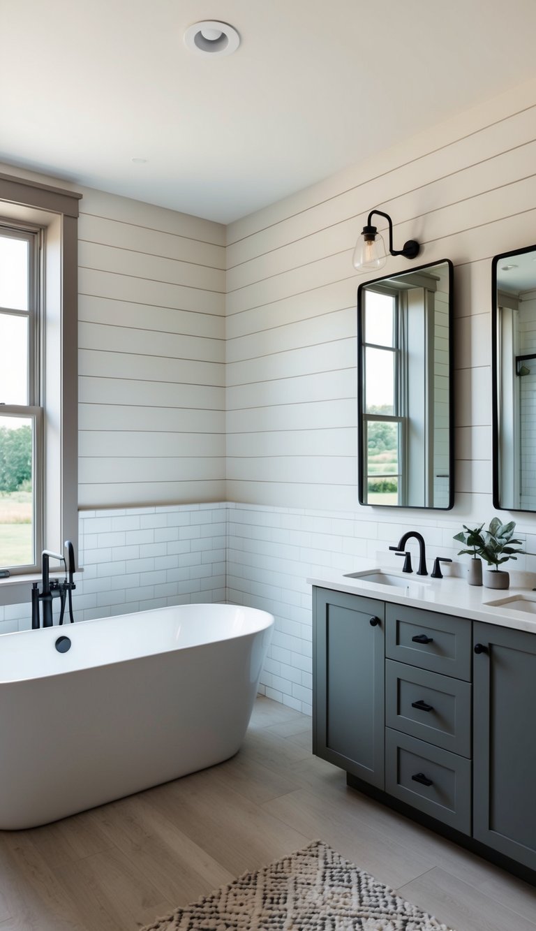 A shiplap half wall dividing a modern bathroom with a freestanding tub, double vanity, and large mirror