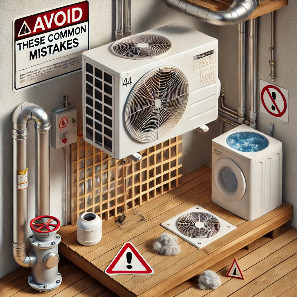 HVAC condenser with multiple installation mistakes: deck mounting, lattice enclosure, dryer vent above, and long line set