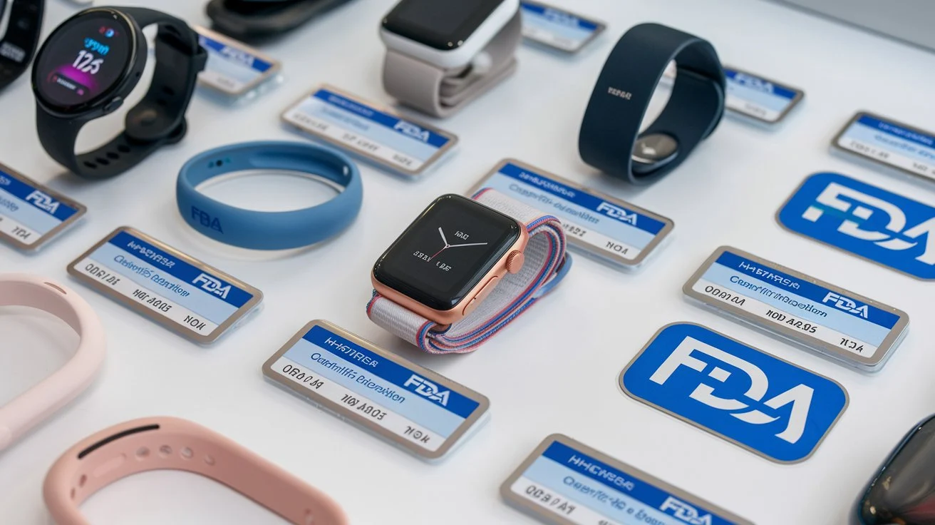 Selection of FDA-approved wearable health devices with certification labels, highlighting their compliance and reliability