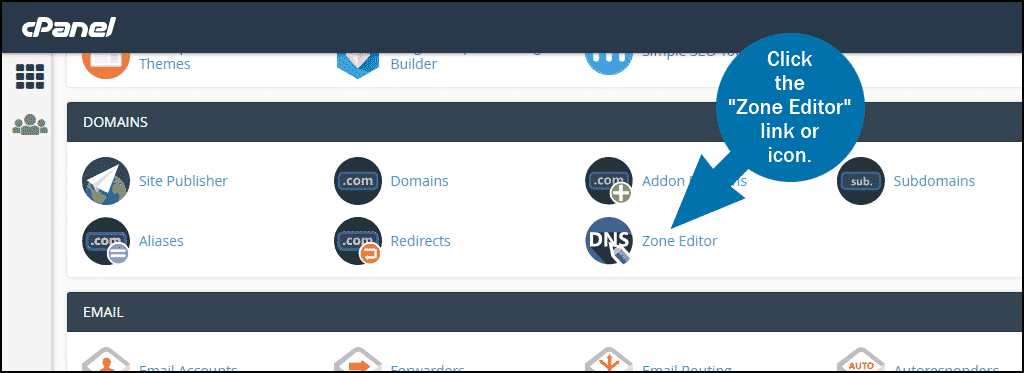 cPanel select section DOMAINS Zone Editor