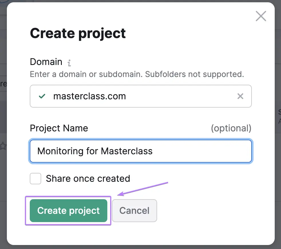 "Create project" pop-up window in Position Tracking tool