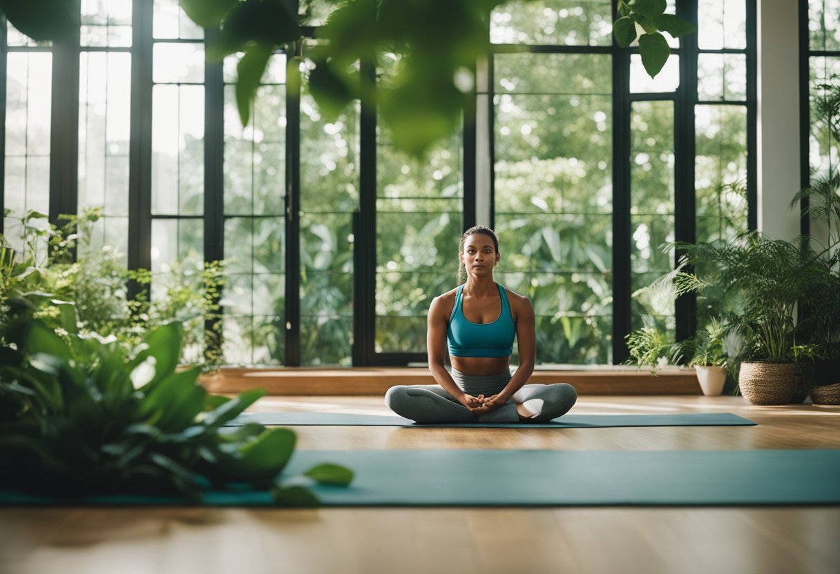 A person exercising on a yoga mat, surrounded by plants and natural light