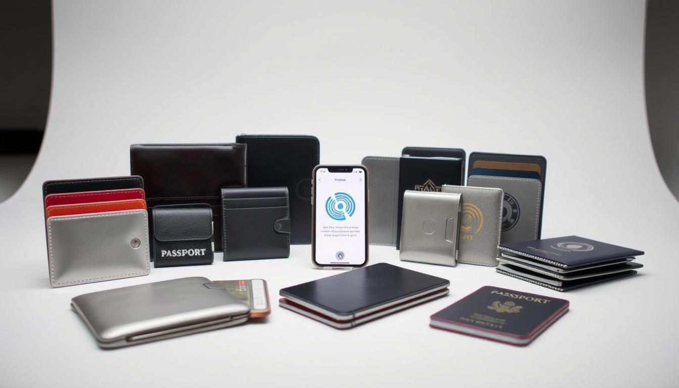 An assortment of RFID blocking products in a well-lit, minimalist studio setting. In the foreground, various wallets, card sleeves, and passport holders made of metallic materials are neatly arranged against a clean, white backdrop. The middle ground features a smartphone with an open app demonstrating the RFID protection capabilities. In the background, a subtle grid pattern or geometric shapes create a sense of depth and technical precision. The overall mood is one of functional simplicity, highlighting the practical solutions for safeguarding sensitive RFID-enabled cards and devices.
