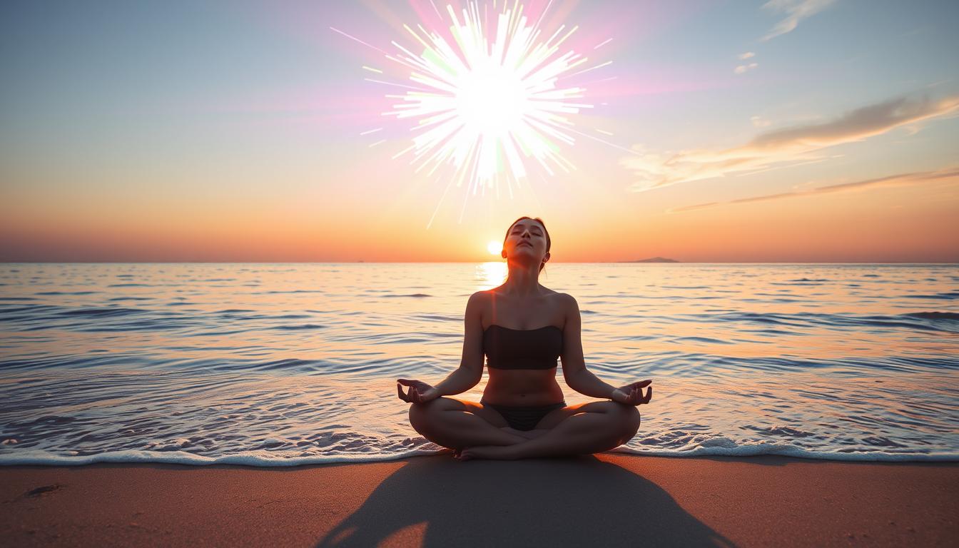 A person sitting cross-legged on a beach, with their eyes closed and hands resting on their knees. The water in front of them is calm, with gentle waves lapping at the shore. Above them, a bright, colorful burst of energy radiates from the sky, symbolizing the manifestation of their dreams. In the background, the sun is setting, casting a warm orange and pink glow over the scene. The person's body language should convey peace, serenity, and focus as they meditate and visualize their desired outcome.