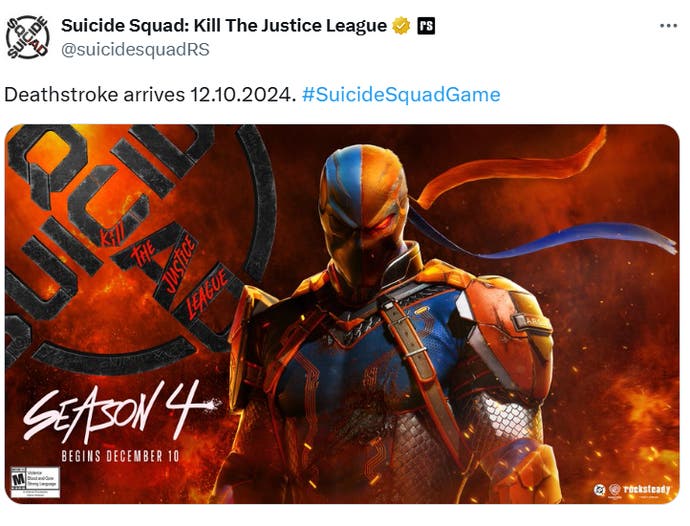 Tangkapan layar dari unggahan media sosial Rocksteady yang menunjukkan Deathstroke di Suicide Squad: Kill the Justice League