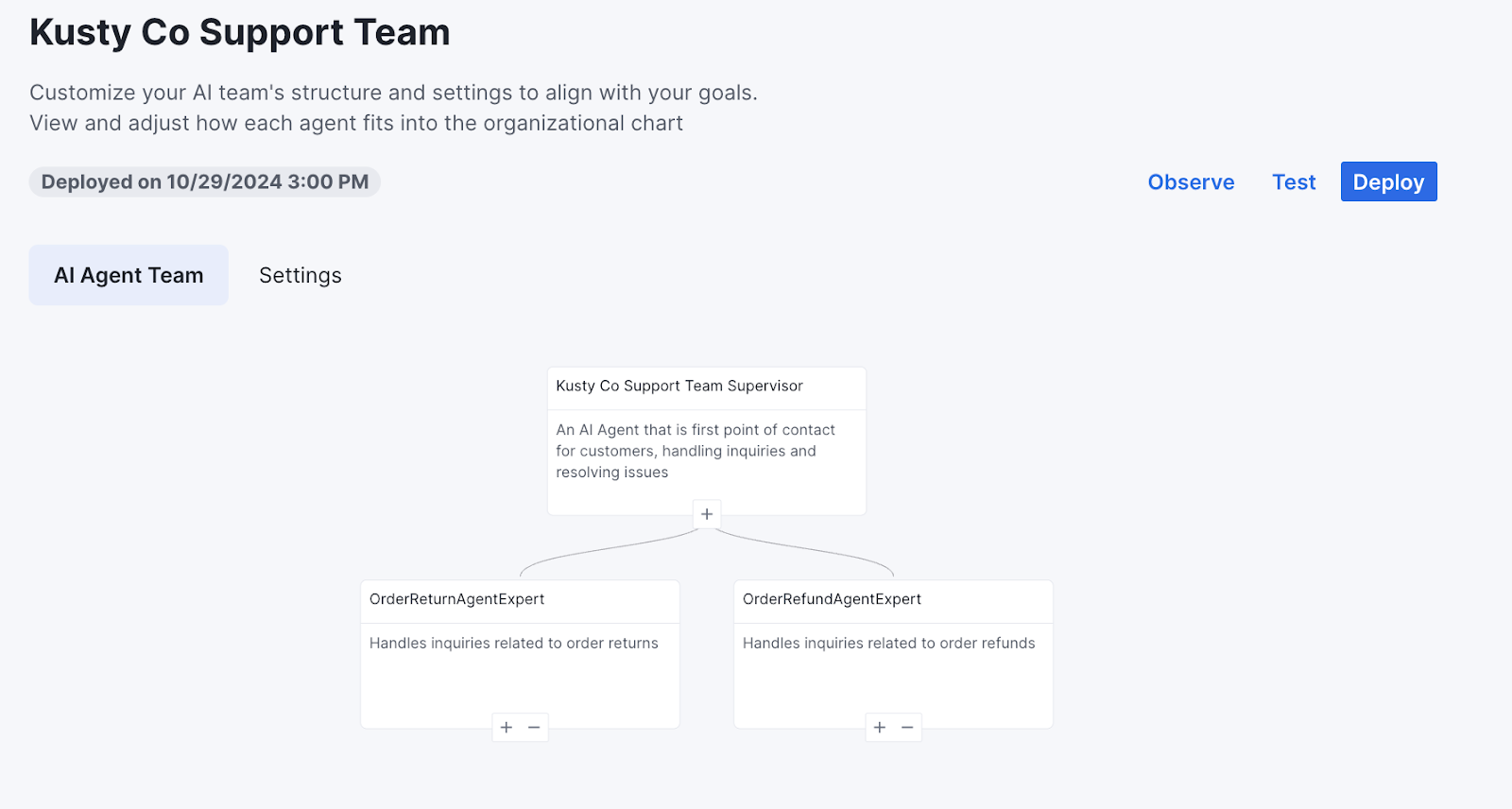 Screenshot of a sample AI Agent support team