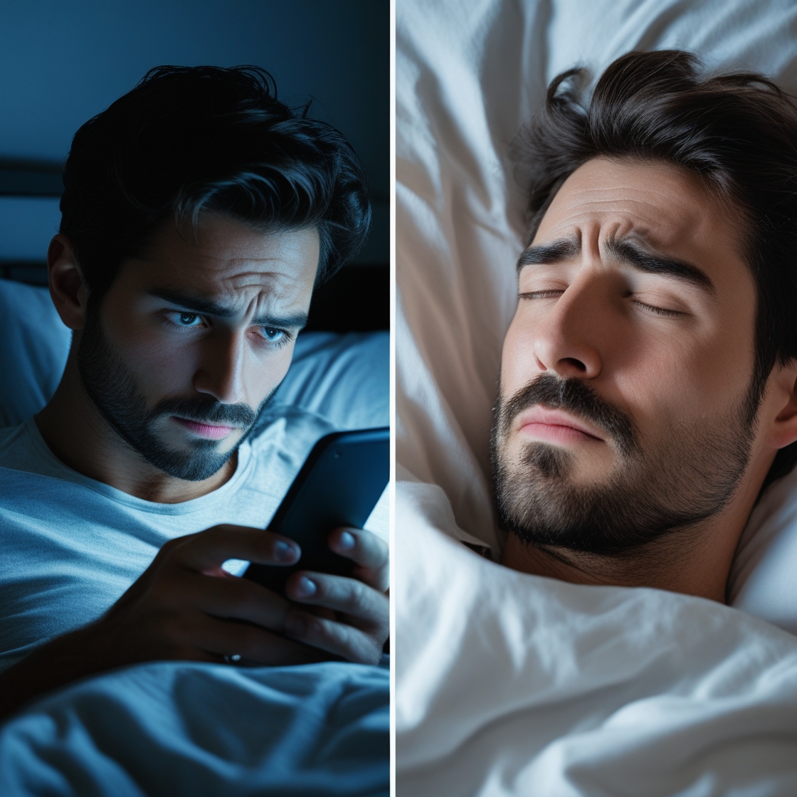 A man holding his head in frustration while scrolling through his phone, with faint ghost-like images of past memories appearing behind him