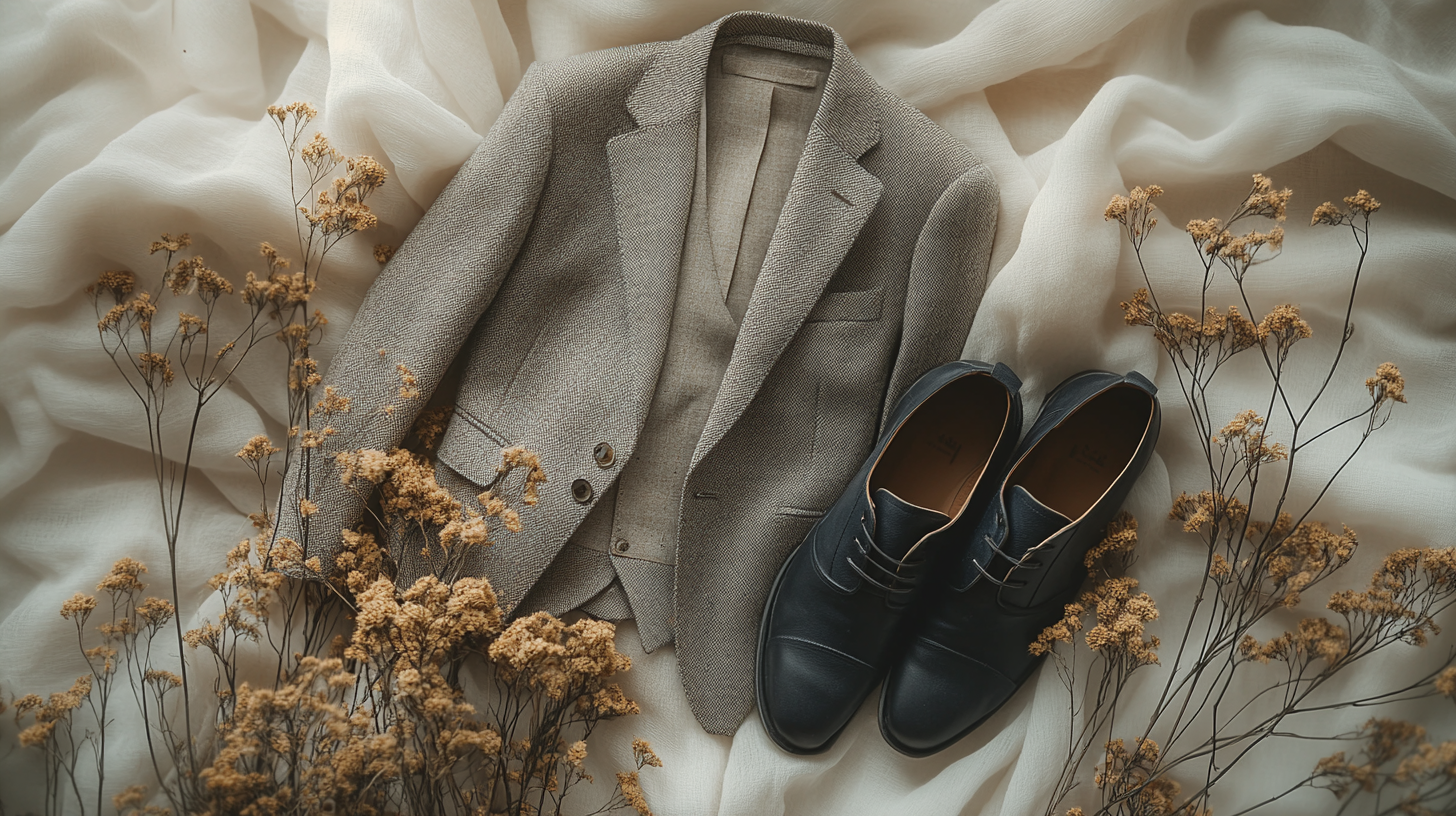 A men's gray suit, delicately and neatly laid flat on a soft, a little flowing white fabric, creating a serene and balanced composition. Beside the light gray suit is a pair of navy shoes placed with care, add some aesthetic display like dried flowers. The scene is softly illuminated with cool white lighting, casting gentle shadows that enhance the minimalist, aesthetic vibe.