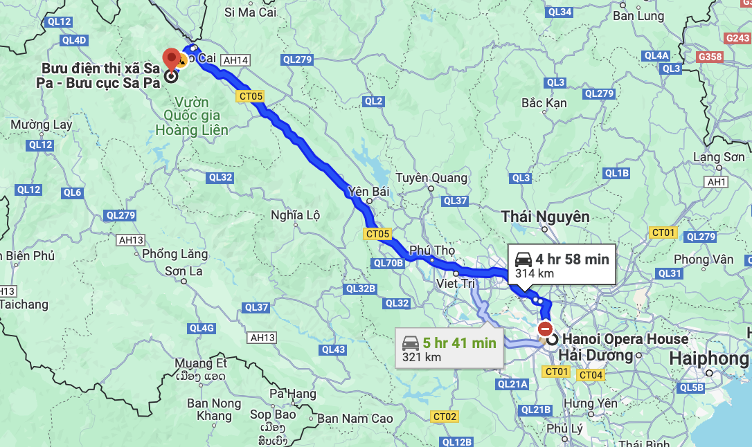 route of viet hieu limousine from hanoi to sapa