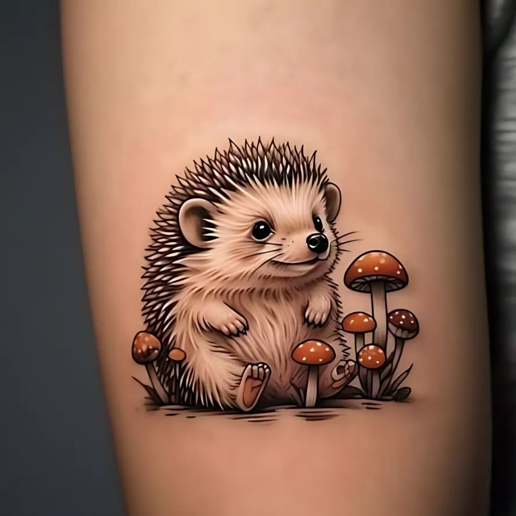Hedgehog with Mushrooms Tattoo