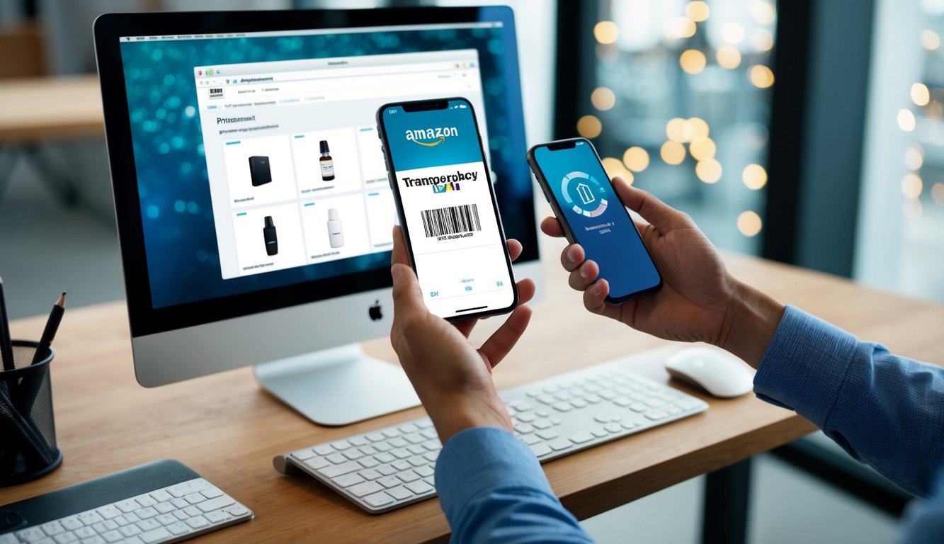 A person sitting at a desk with a computer, holding a product and scanning its barcode with a smartphone. The Amazon Transparency Guide is open on the computer screen