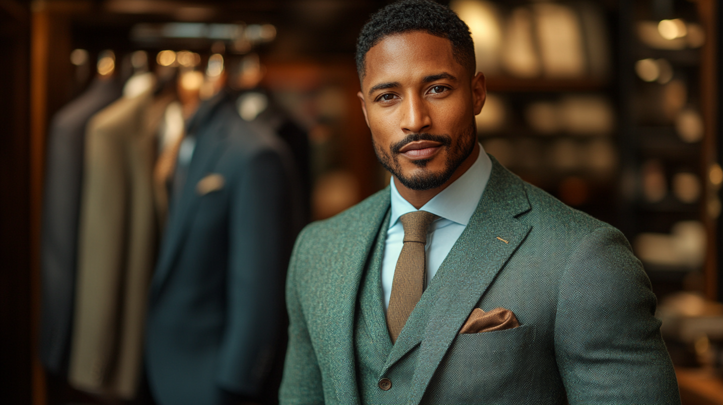 
A stylish men's boutique showcasing a vibrant green suit on a mannequin, with sharp lapels, tailored fit, and fine stitching. Focus on a man standing in front of a mirror, wearing a perfectly fitted green suit, highlighting clean lines and precise tailoring. The background features a selection of suits in neutral tones, arranged neatly on racks, with warm lighting and a polished, elegant ambiance.